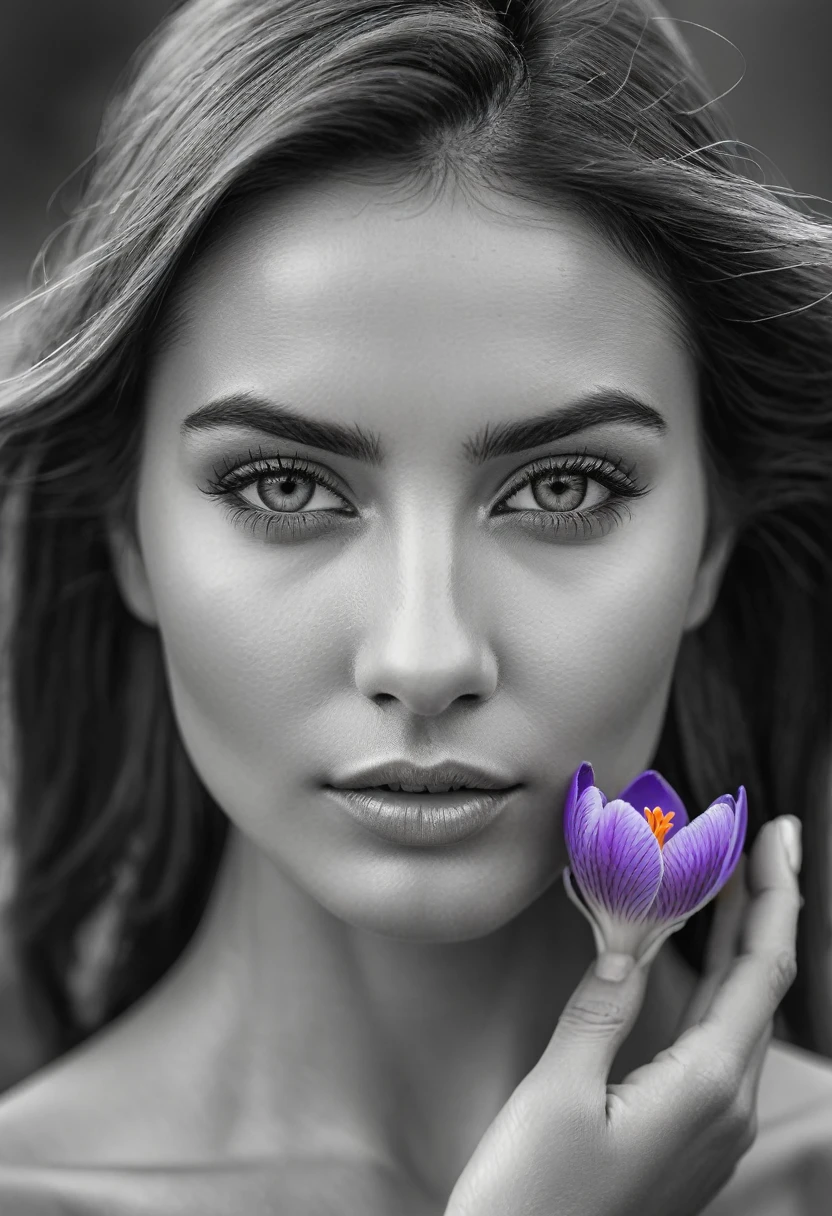 A black and white photo in raw format, zooming in on the intricate details of a woman's face, revealing her delicate skin and her expressive eyes. Frame the shot with a solitary striking colorful Saffron Crocus flower, delicately held in the woman's hand, adding a touch of softness and femininity to the composition, enhancing the dramatic contrast and textures of the monochrome image.