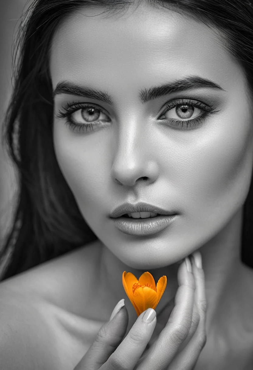 A black and white photo in raw format, zooming in on the intricate details of a woman's face, revealing her delicate skin and her expressive eyes. Frame the shot with a solitary striking colorful Saffron Crocus flower, delicately held in the woman's hand, adding a touch of softness and femininity to the composition, enhancing the dramatic contrast and textures of the monochrome image.