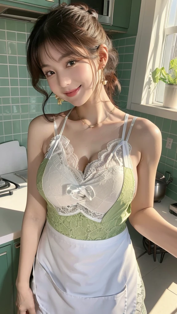 (초realistic), (illustration), (high resolution), (8k), (very detailed), (Best illustration), (beautiful and delicate eyes),(sharp focus), (professional), (realistic), (After treatment), (maximum detail),asperity, (best quality), (very detailed), (table top), (wallpaper), (detailed face), (hard and small shadow : 1.6),((Perfectly delicate five-finger hand)), 1 person, (19 years old), (Japanese beauty), (double eyelid), (delicate face), (Sunny Smile:1.4),(high nose), (plump lips), (porcelain white skin:1.2),slim waist, (big bust:1.6), long legs, big ass, Strong abs, ((Five-fingered feet with perfect proportions and details)), necklace, look at the viewer,earring, bob haircut,wavy hair or ponytail,(in a modern kitchen:1.2), (Wearing _kitchen_apron:1.4),(green lace with lace:1.2)、show me your armpits、raise one'8、i can see your panties、sexy panties、sexy lingerie、erotic、act like a model、sexy look、Gatherbelt、Stacking、knee high、high socks