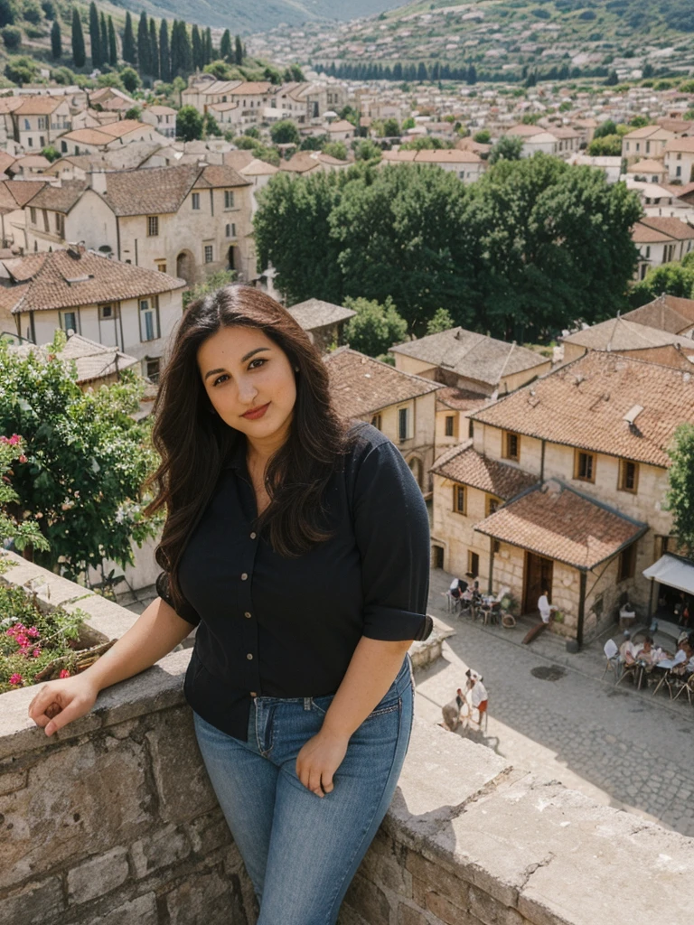 Caseyli, 1girl, solo, 30 years old, (((Georgian face))), (((Georgian nose))), (((Georgian lips))), ((((chubby)))), (((wide hips))), (((dark blonde hair))), wavy medium hair, wearing stylish Generation Z wear, ((Background: overlooking a café in a village square)), standing