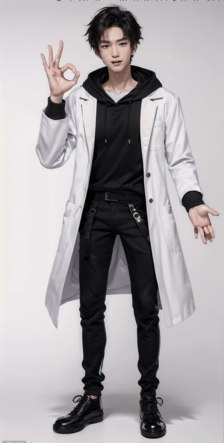 (OK Sign.:1.7),(photorealistic:1.2), (high detail face:1.3), (high detail hands:1.3), (anatomically correct hands:1.2), handsome young asian man, Japanese idol style, short clean-cut hair, ((center part)), (crisp white lab coat:1.3), ((black hoodie underneath:1.2)), (black pants:1.2), (black shoes:1.2), (enthusiastic expression:1.3), ((explain pose:1.4)), (both arms raised:1.3), (clenched fists:1.3), (energetic stance:1.2), plain white background, mid-shot portrait, full body view, high quality, detailed, 8K, (realistic skin texture:1.2), (sharp focus:1.1), (contrast between white coat and black clothing:1.2)