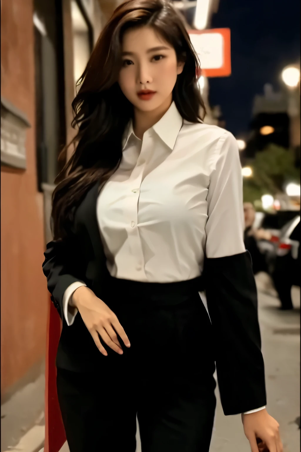 ((best quality)), ((masterpiece)), (detailed), milf, Red Wolf hair Cut, Hips up, กระโปรงสั้น, Black suit, white shirt, หน้าอกใหญ่, Street Night, เนคไทสีดำ,