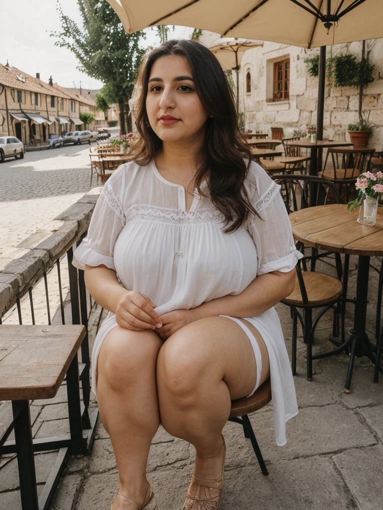 Caseyli, 1girl, solo, 30 years old, (((Georgian face))), (((Georgian nose))), (((Georgian lips))), ((((chubby)))), (((wide hips))), (((dark blonde hair))), wavy medium hair, wearing stylish Generation Z wear, ((Background: a café in a village square))