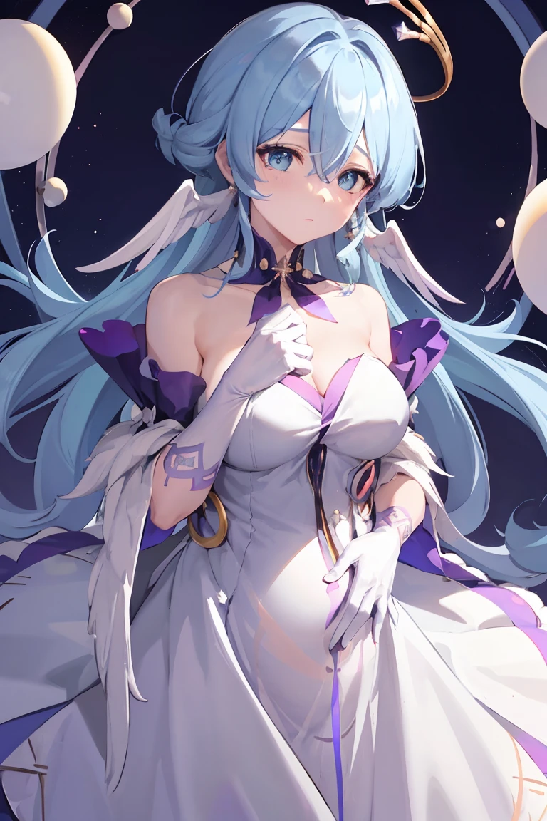 Robin,1 Girl,(Blue Hair:1.0),1 Girl,,pregnant, Having children,, pregnant肚，pregnant肚，Bare shoulders,Halo,White gloves,earrings,White Dress,Off-shoulder dress,Head wings,high quality,Purple dress,Separate sleeves,clavicle,(Virtual YouTuber:0),, (masterpiece,best quality,high quality:1.4),absurd,