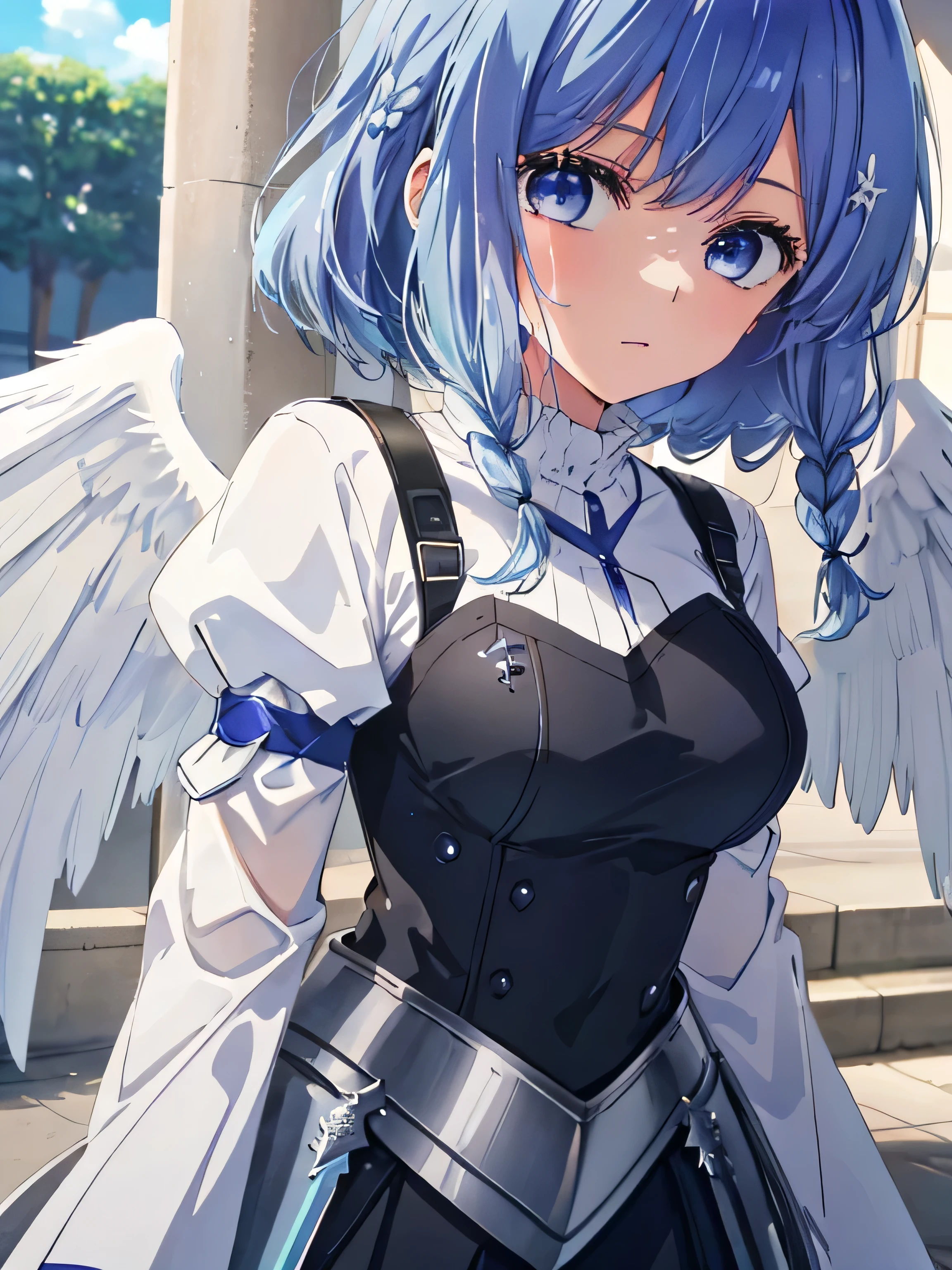 Light blue hair, very light hair, hair sky colour, purple eyes, bare shoulders, shiny skin, shiny hair, twin braids, armor, leather armor, big breasts, shiny armor, angel, big wings, angel wings background, angel girl, solo, 1girl, face focus, large two wings, pretty face, big eyes, white shirt, long sleeve, wings outframe