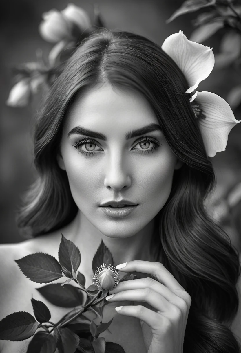 A black and white photo in raw format, zooming in on the intricate details of a woman's face, revealing her delicate skin and her expressive eyes. Frame the shot with a solitary striking colorful Double Ellen Green Lenten Rose flower, delicately held in the woman's hand, adding a touch of softness and femininity to the composition, enhancing the dramatic contrast and textures of the monochrome image.