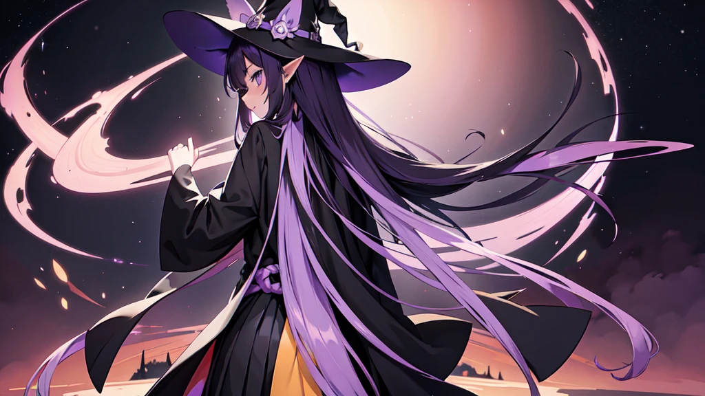 Anime girl with long purple hair and black robe. Witch hat. Pointy ears. Cute as a cartoon. Back view. Full body facing backwards. The whole body is visible. Skirt is short.