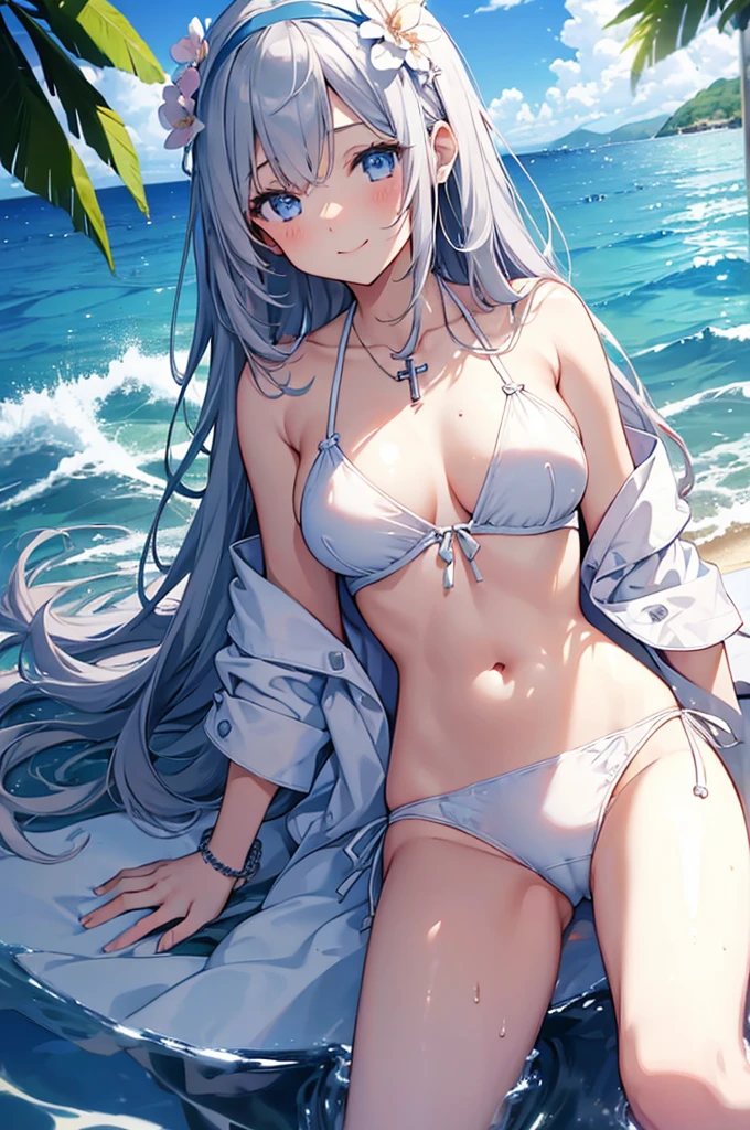 ((girl kawaii)), a extremely delicate and beautiful girl, beautifully painted, cute, sense of digital, best detailed girl, lying on the lake, wet, girl, young, long hair blown up, Hair with flower, (grey hair), cute face, (smile), complex details beautiful and delicate eyes, closed mouth, (large breasts), thighs, pale blue eyes, white skin, hairband, cross necklace, Bracelet, (white bikini), cardigan, white Clothes, (beach),( beautiful blue sky and white clouds), bloom effect, (((wallpaper 8k CG))), ((absurdres)), masterpiece
