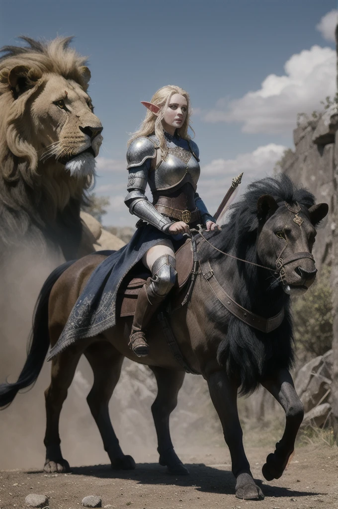 fantasy, a  elf paladin girl riding large long mane lion