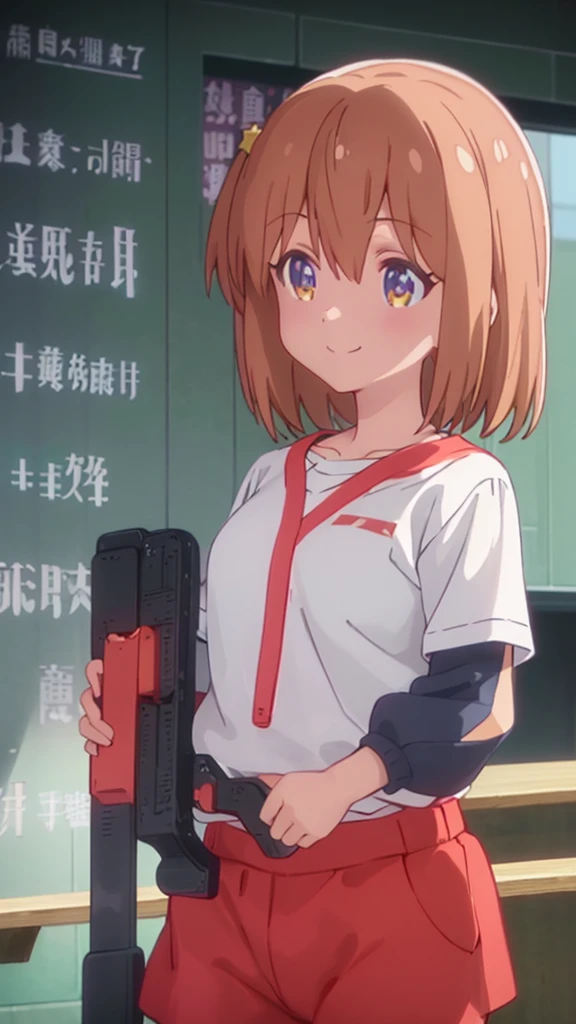 {Highest quality:1.5}, (masterpiece:1.3), High resolution, One person, One personの少女, anime_Coloring, clavicle, white_socks, white_Knee-high socks, View your viewers, (Beautiful attention to detail:1.6), Highly detailed face, Extremely detailed CG, (Perfect hands), Low - Angle, thin, Long legs, Small breasts, (半袖のGymnastics服:1.5), Gymnastics, (Gymnastics服を着た女の子), (Gymnastics服の女の子), Sportswear, green_Shorts, white_sneakers, white_Sports boots, smile:1.5. Joy, big smile, happy smile, heartwarming smile, {great joy:1.5}
