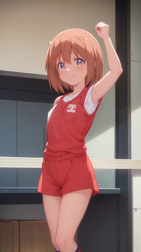 {Highest quality:1.5}, (masterpiece:1.3), High resolution, One person, One personの少女, anime_Coloring, clavicle, white_socks, white_Knee-high socks, View your viewers, (Beautiful attention to detail:1.6), Highly detailed face, Extremely detailed CG, (Perfect hands), Low - Angle, thin, Long legs, Small breasts, (半袖のGymnastics服:1.5), Gymnastics, (Gymnastics服を着た女の子), (Gymnastics服の女の子), Sportswear, green_Shorts, white_sneakers, white_Sports boots, smile:1.5. Joy, big smile, happy smile, heartwarming smile, {great joy:1.5}
