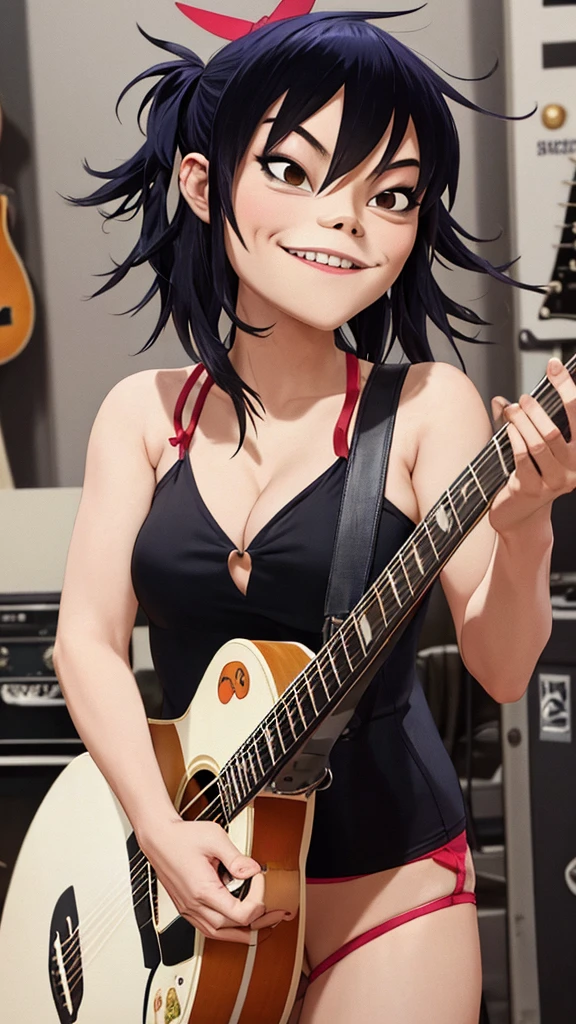 Noodle Gorillaz, sexy body, Sexy cleavage, playing guitar, smiling, closed mouth, holding, holding plectrum, instrument, Long Straight hair, music, one side up, tails, playing guiter ((masterpiece, best quality))