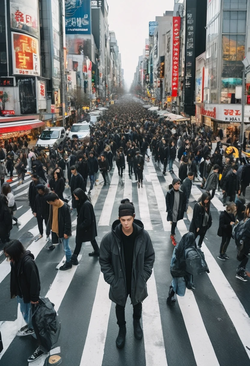 Extreme high angle photo shot, professional model, standard body height, (human to human ratio 1:1) standing on a crosswalk center inspired by Shibuya scramble, stare into the camera, wearing black washing safari long jacket with black hoodie, black cargo pants, dark grey boots, people with various color clothing, crowded street realistic photographs