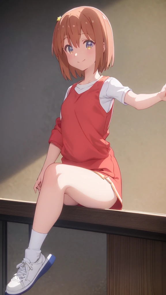 ((masterpiece)), ((best quality)), (ultra-detailed), anime style, a cute girl, 1girl, solo, gym shorts00, ((beautiful eyes))0, smile