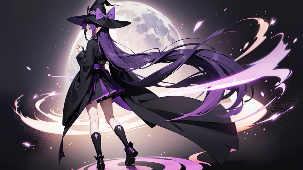 Anime girl with long purple hair and black robe. Witch hat. Pointy ears. Cute as a cartoon. Back view. Full body facing backwards. The whole body is visible. Skirt is short.