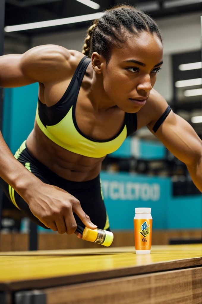 Elite athlete in a gym tasting guarana-flavored