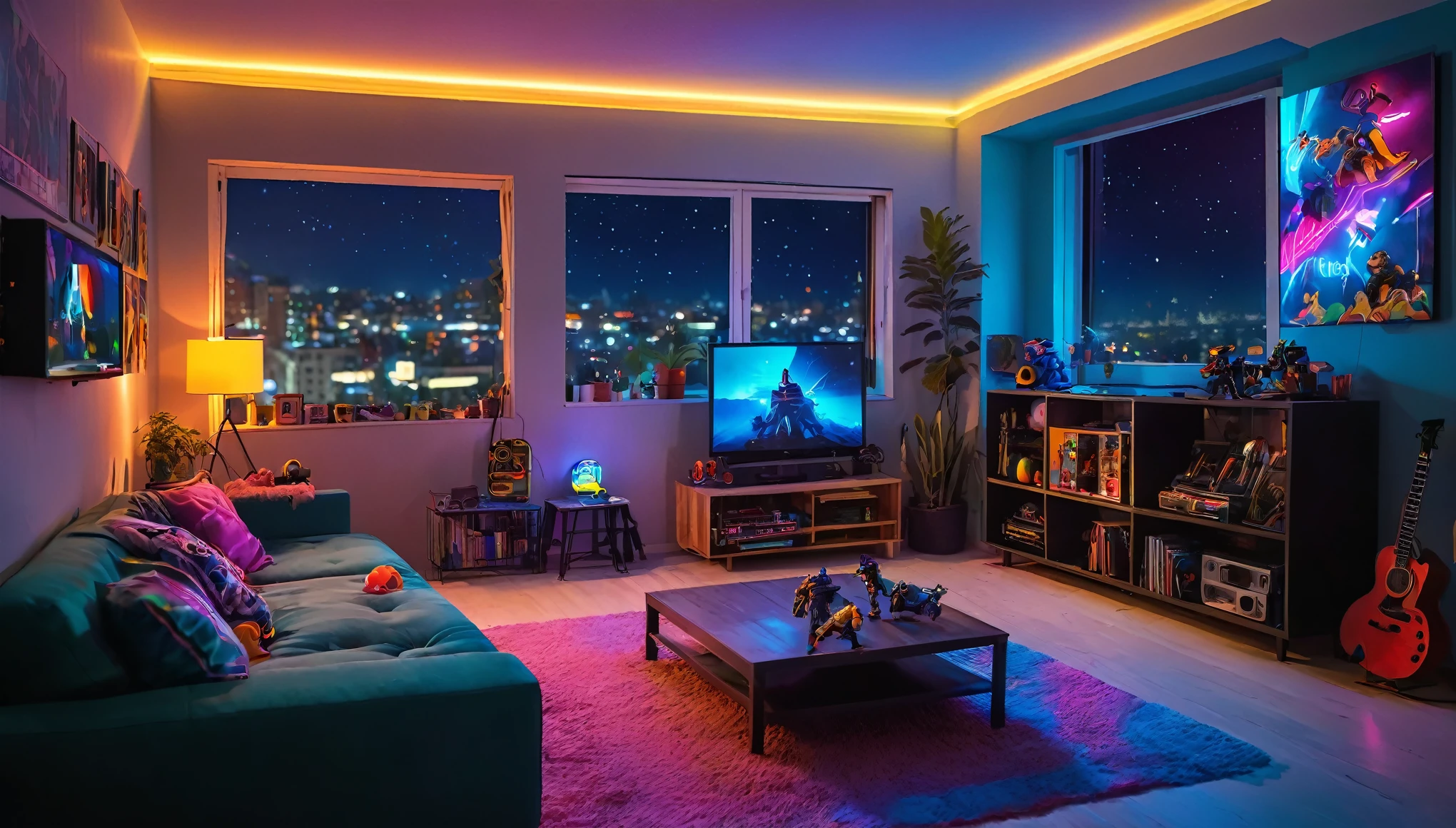 night time setting inside small apartment living room with big screen tv, neon lights games, action figures