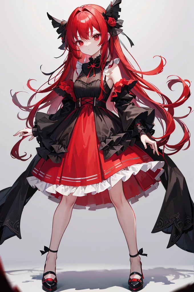 red hair, long straight hair, red eyes, red ruffle dress, black trim on dress, black gloves and shoes, big black ribbon above head, wavy hair