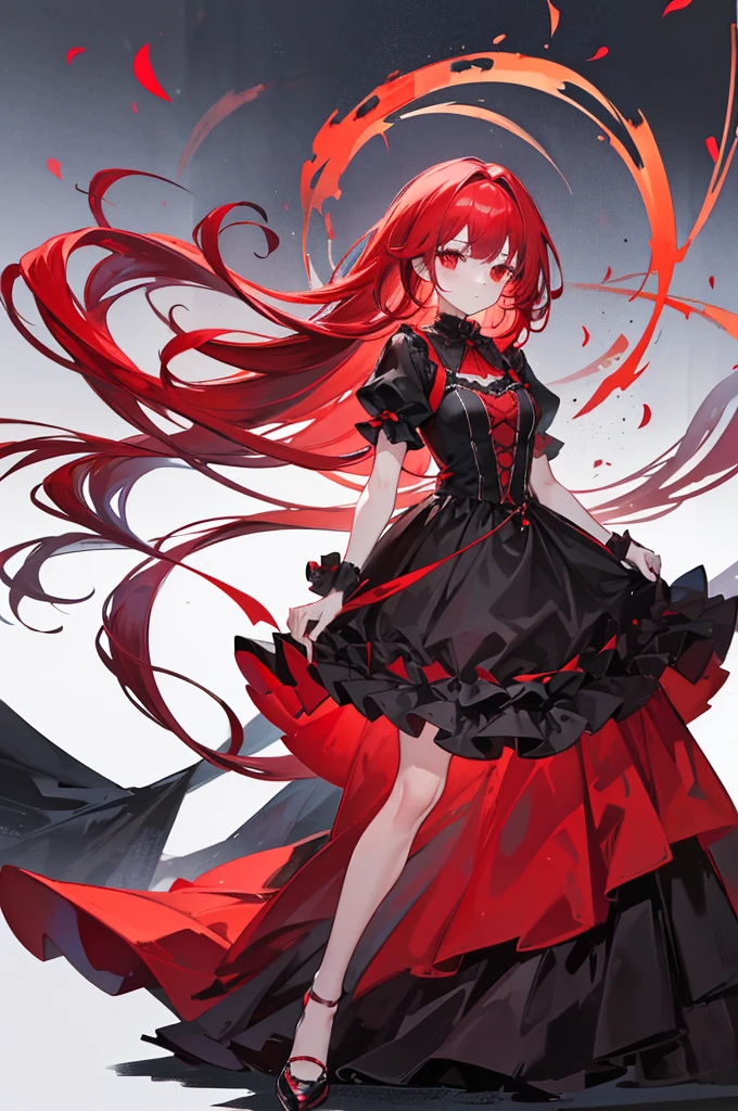 red hair, long straight hair, red eyes, red ruffle dress, black trim on dress, black gloves and shoes, big black ribbon above head, wavy hair
