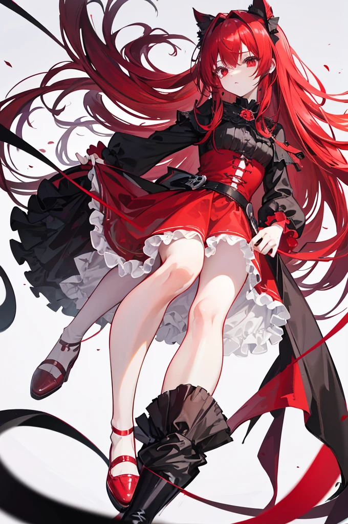 red hair, long straight hair, red eyes, red ruffle dress, black trim on dress, black gloves and shoes, big black ribbon above head, wavy hair
