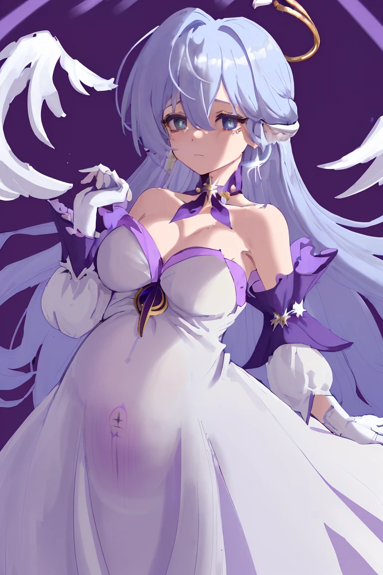 Robin,1 Girl,(Blue Hair:1.0),1 Girl,,pregnant, Having children,, pregnant肚，pregnant肚，Bare shoulders,Halo,White gloves,earrings,White Dress,Off-shoulder dress,Head wings,high quality,Purple dress,Separate sleeves,clavicle,(Virtual YouTuber:0),, (masterpiece,best quality,high quality:1.4),absurd,