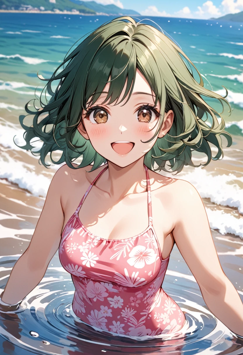 8k, Female model, dark green short wavy hair, Brown eyes, happy expression, pink printed swimsuit, summer, by the sea, mar, ripples