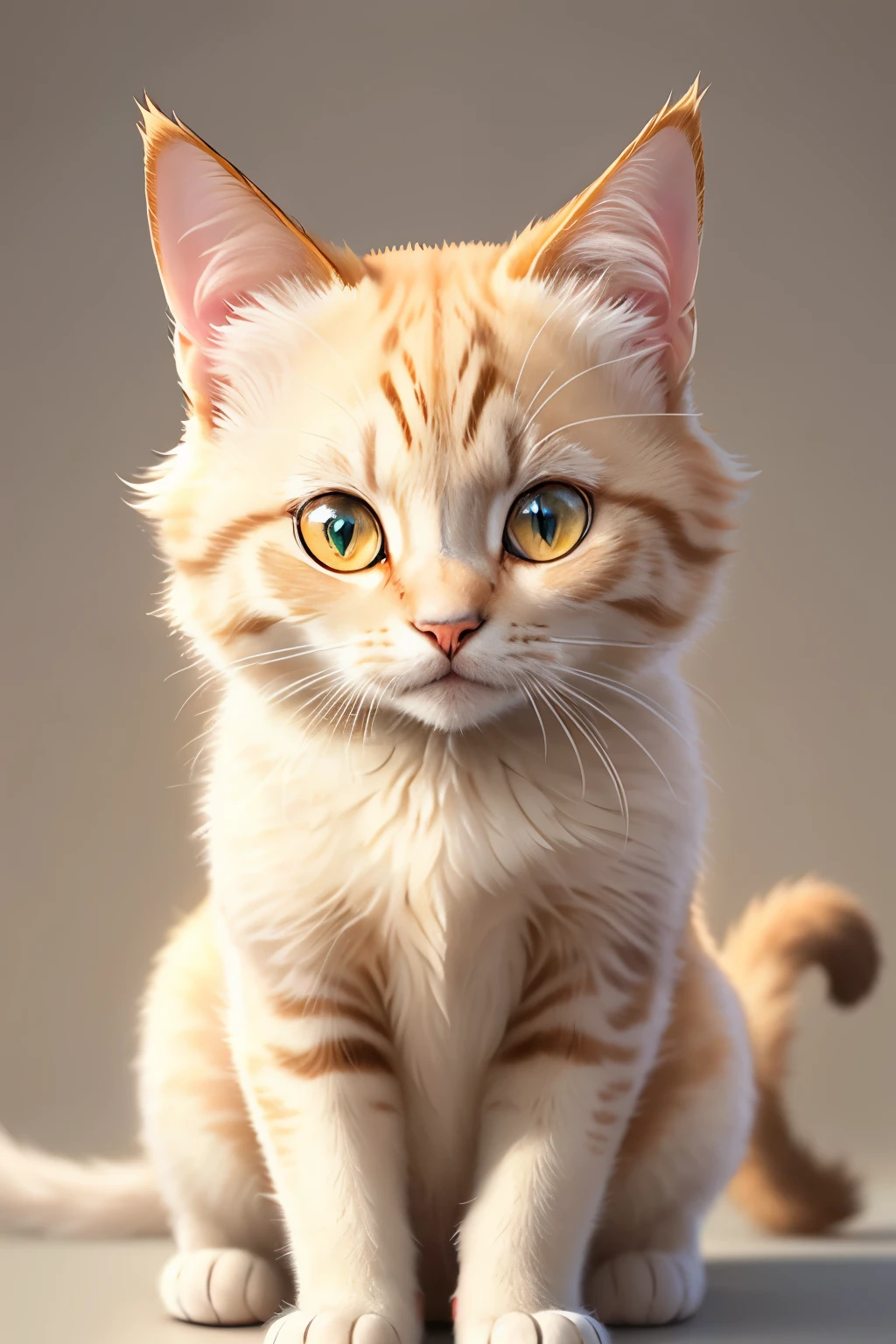 Close-up Portrait of a Vibrant Domestic Kitty:
This captivating image focuses on a short-haired domestic cat, boasting an exquisite two-toned coat of crisp white and rich grey. The cat's eyes radiate a bright amber hue, their gaze directed slightly upward, expressing a captivating curiosity and attentiveness that immediately draws the viewer's eye.

The cat's background is a simple, plain, and softly lit light beige color. This low-key backdrop serves to effectively contrast the cat's intricate fur and features, allowing the detailed texture of its coat to truly shine. The cat appears to be sitting comfort