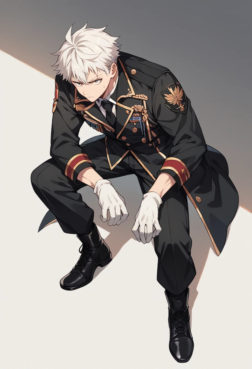  male boy with white hair and short eyes wearing a black military suit with a white shirt inside and a black tie, on his hands there are white gloves, For his feet he wears black military boots., 