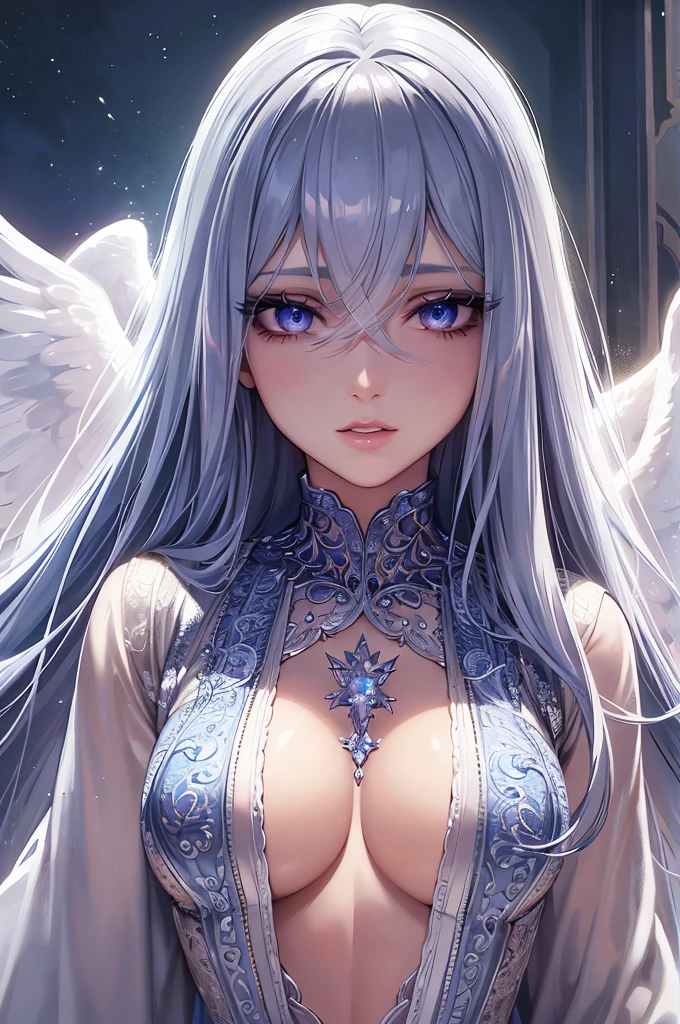 floating,Hydaelyn(ffxiv),gorgeous details,huge silvery angel wings,nsfw,sharp wings,blue crystal chip aura,white bodysuit,perfect body,slim body,prominent blue lace pattern,pure white skin,white cape,white crystal sword,blue eyes, solo,sharp crystal feet, large boob,medium long curly hair,head wings,huge blue glow crystal In the background,divinity,elegant,kindly,sacred,orderly,In the starry sea floor,