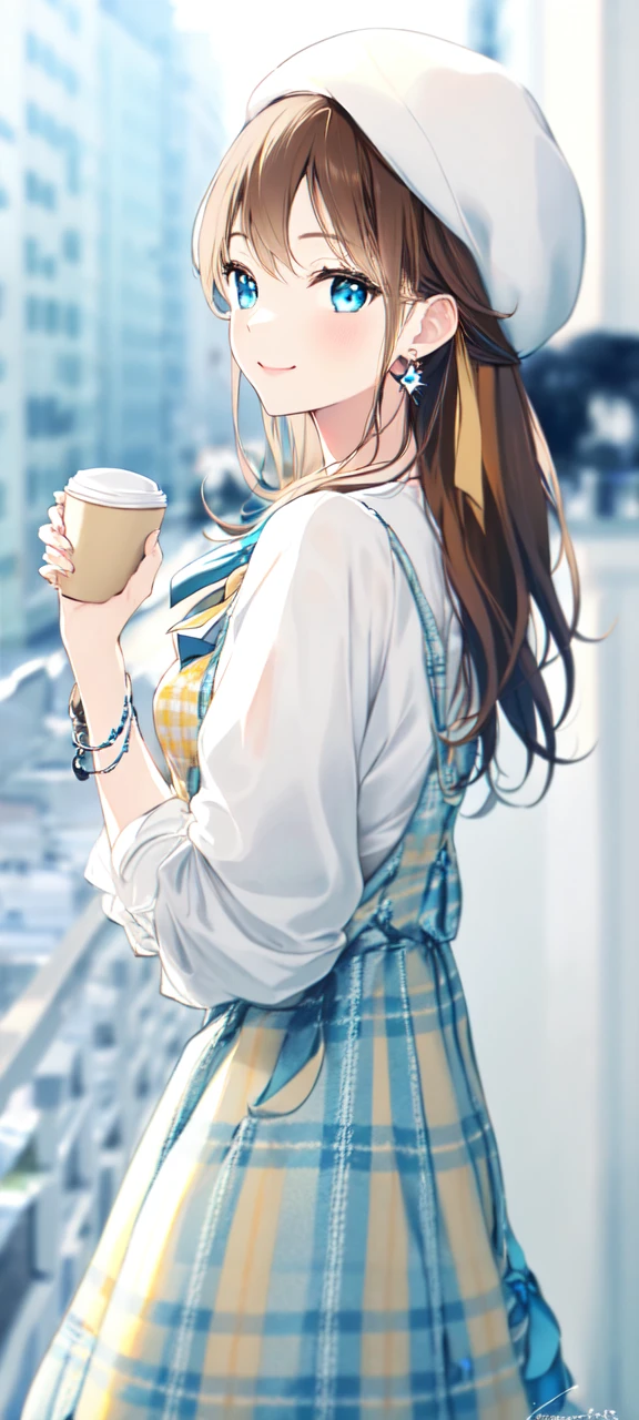 -first love, 1girl, solo, jewelry, plaid dress, looking at viewer, cup, earrings, hat, blue eyes, long hair, coffee cup, plaid, shirt, disposable cup, holding, signature, ring, hair ornament, holding cup, long sleeves, brown hair, upper body, dress, neck ribbon, ribbon, bangs, closed mouth, smile, white shirt, yellow nails, hairclip, nail polish, from side, aqua ribbon, blurry background, beret, plaid shirt, blue ribbon, blurry, brown headwear, bag, breasts, plaid headwear, bracelet