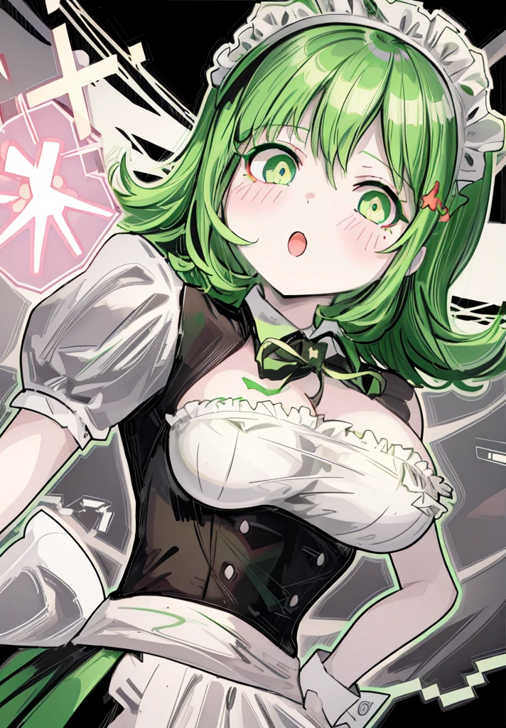 1girl ,green eyes,green hair,short maid dress ,pale skin,(high resolution, high detail, best quality),
open mouth,smile,happy, blushes, gluttonous, medium breasts