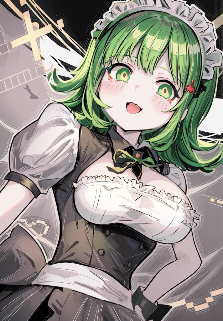 1girl ,green eyes,green hair,short maid dress ,pale skin,(high resolution, high detail, best quality),
open mouth,smile,happy, blushes, gluttonous, medium breasts