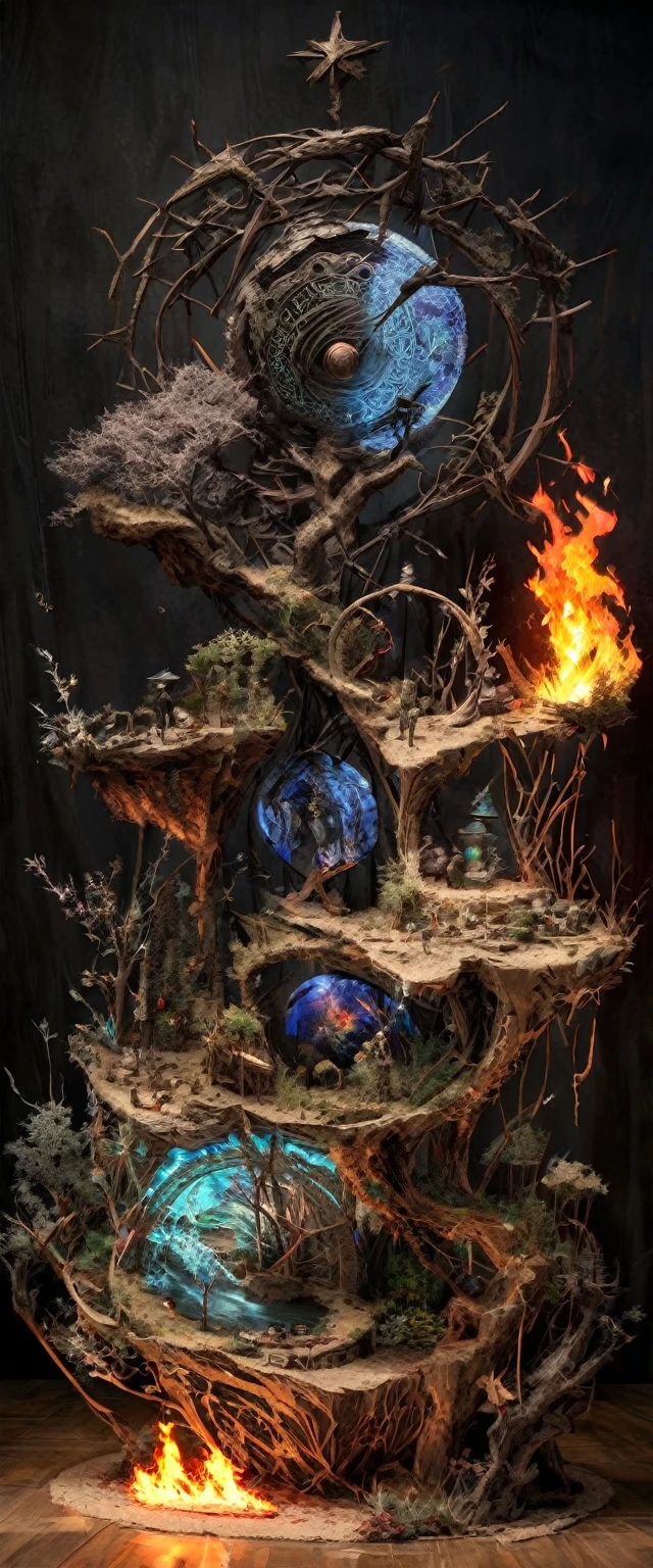 conceptual installation art, 2.5D, delicate and dynamic, reincarnation, the cycle of life, the repeated acts, water, fire, wind, soil, light, darkness, kaleidoscope, magic circle, object art