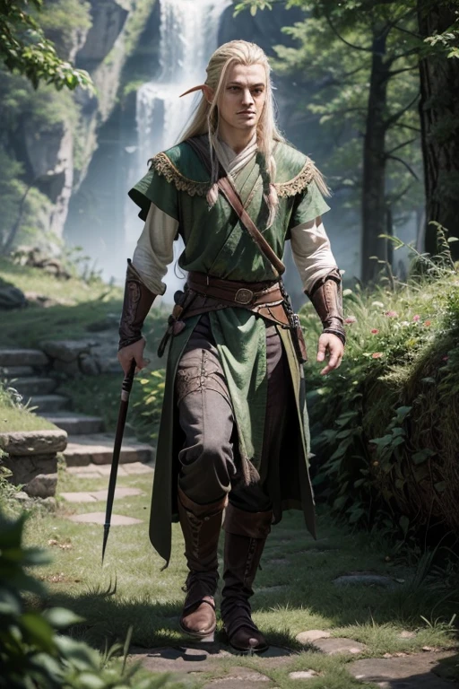 Create an RPG character image that looks like Legolas but will be a human instead of an elf , will be a druid as a monk secondary class