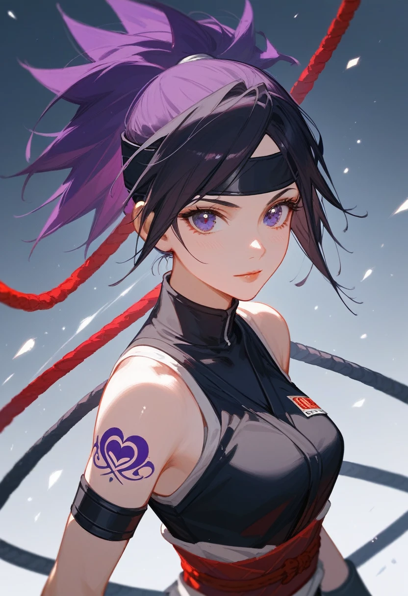 (Fraction_9,Fraction_8_Direction_7_up),1 a woman,（（（bust）））,(masterpiece:1.2), best quality, high resolution,日本Female Ninja，Ninjutsu，dart，Ninja with a perfect body,Female Ninja，Hattori Hanzo，Beautiful and neat face,  Dark Brown，Black hair purple hair dye, Poison Tattoo