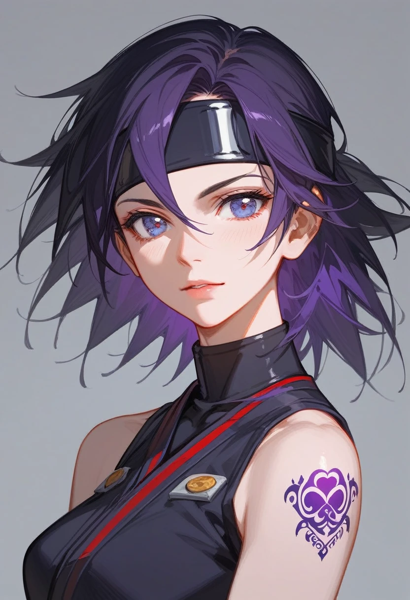 (Fraction_9,Fraction_8_Direction_7_up),1 a woman,（（（bust）））,(masterpiece:1.2), best quality, high resolution,日本Female Ninja，Ninjutsu，dart，Ninja with a perfect body,Female Ninja，Hattori Hanzo，Beautiful and neat face,  Dark Brown，Black hair purple hair dye, Poison Tattoo