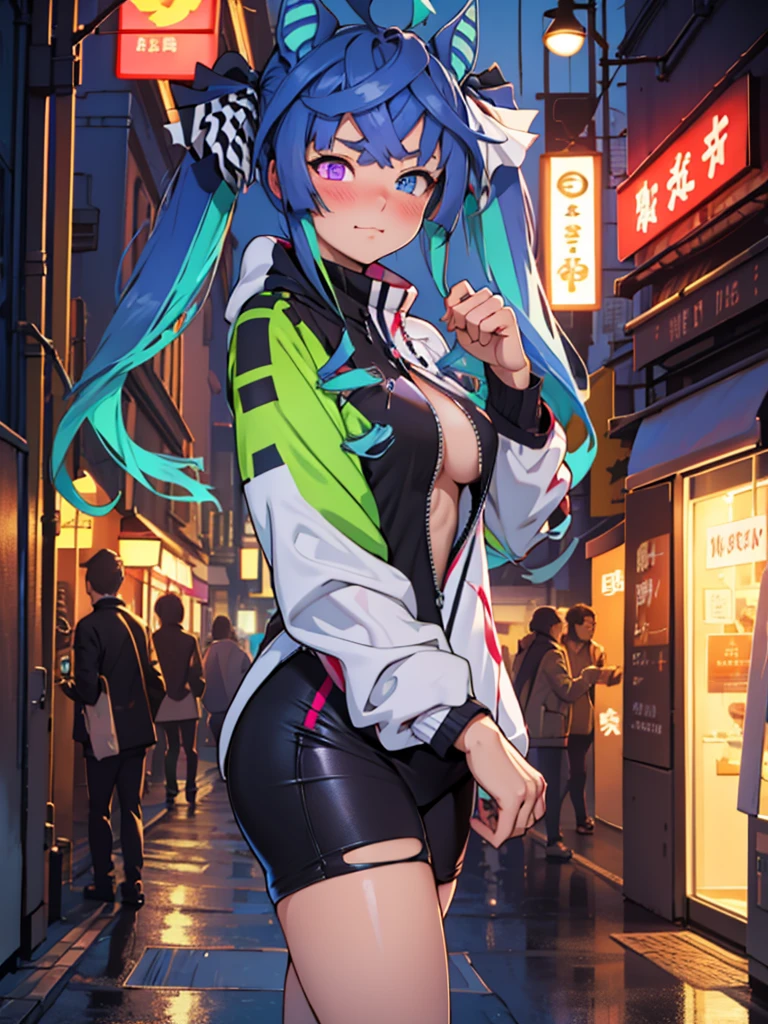 (Masterpiece, best quality, high res、highly detailed cg: 1), A foreign land where the language is not understood, a prostitute inviting with body language, both not understanding each other's words but the intentions are clear, she is using gestures and expressions, street at night, subtle lighting, exotic atmosphere. Twin_Turbo_Umamusume, aqua hair, twintails, heterochromia, purple eyes, blue eyes, small breasts,  (Blush, half closed eyes)