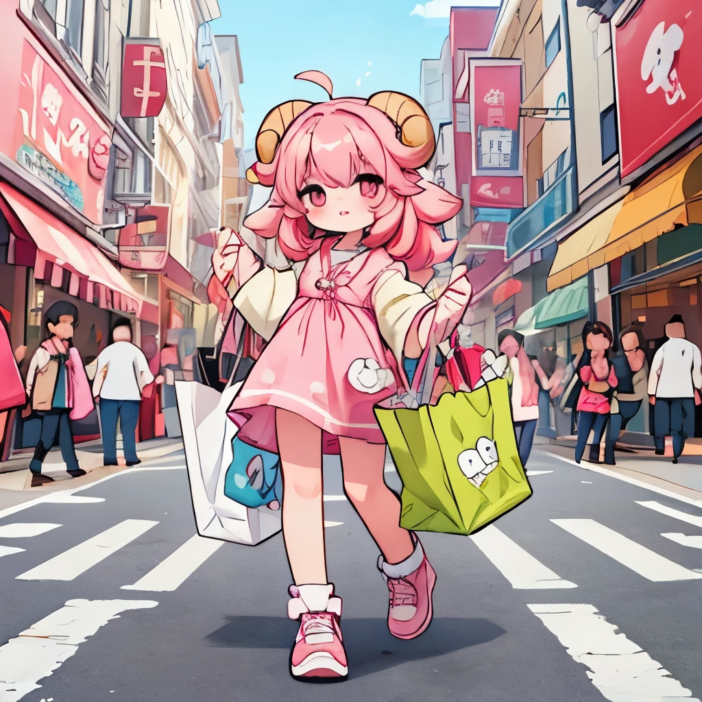 An anime-style illustration of ‘Fua-chan’ going shopping. Fua-chan has distinctive features: long pink hair styled in soft curls resembling sheep’s horns, and pink eyes. She is depicted walking down a lively street, carrying shopping bags in her hands with a cheerful and satisfied expression. She is wearing fashionable, casual clothing suitable for a day out shopping. The background shows a bustling shopping district with various stores, signs, and other shoppers, creating a vibrant and dynamic atmosphere.