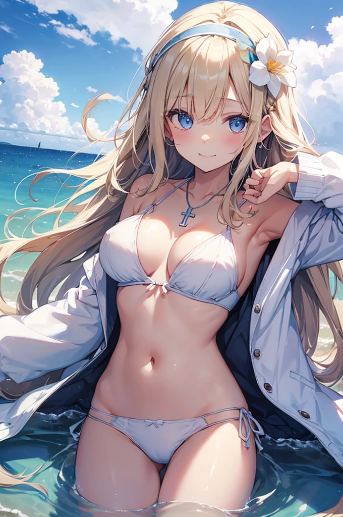 ((girl kawaii)), a extremely delicate and beautiful girl, beautifully painted, cute, sense of digital, best detailed girl, lying on the lake, wet, girl, young, long hair blown up, Hair with flower, (blond hair), cute face, (smile), complex details beautiful and delicate eyes, closed mouth, (large breasts), thighs, pale blue eyes, white skin, hairband, cross necklace, Bracelet, (white bikini), cardigan, white Clothes, (beach),( beautiful blue sky and white clouds), bloom effect, (((wallpaper 8k CG))), ((absurdres)), masterpiece,
