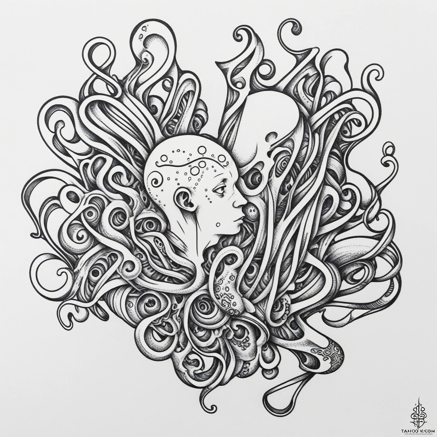 Human body with octopus head, logo, tattoo, line art Tanaka Ikko, fl4tstyle3, logo, lineart PStyl3, modernist,