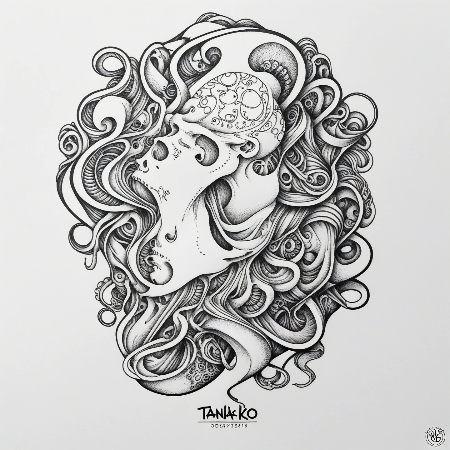 Human body with octopus head, logo, tattoo, line art Tanaka Ikko, fl4tstyle3, logo, lineart PStyl3, modernist,