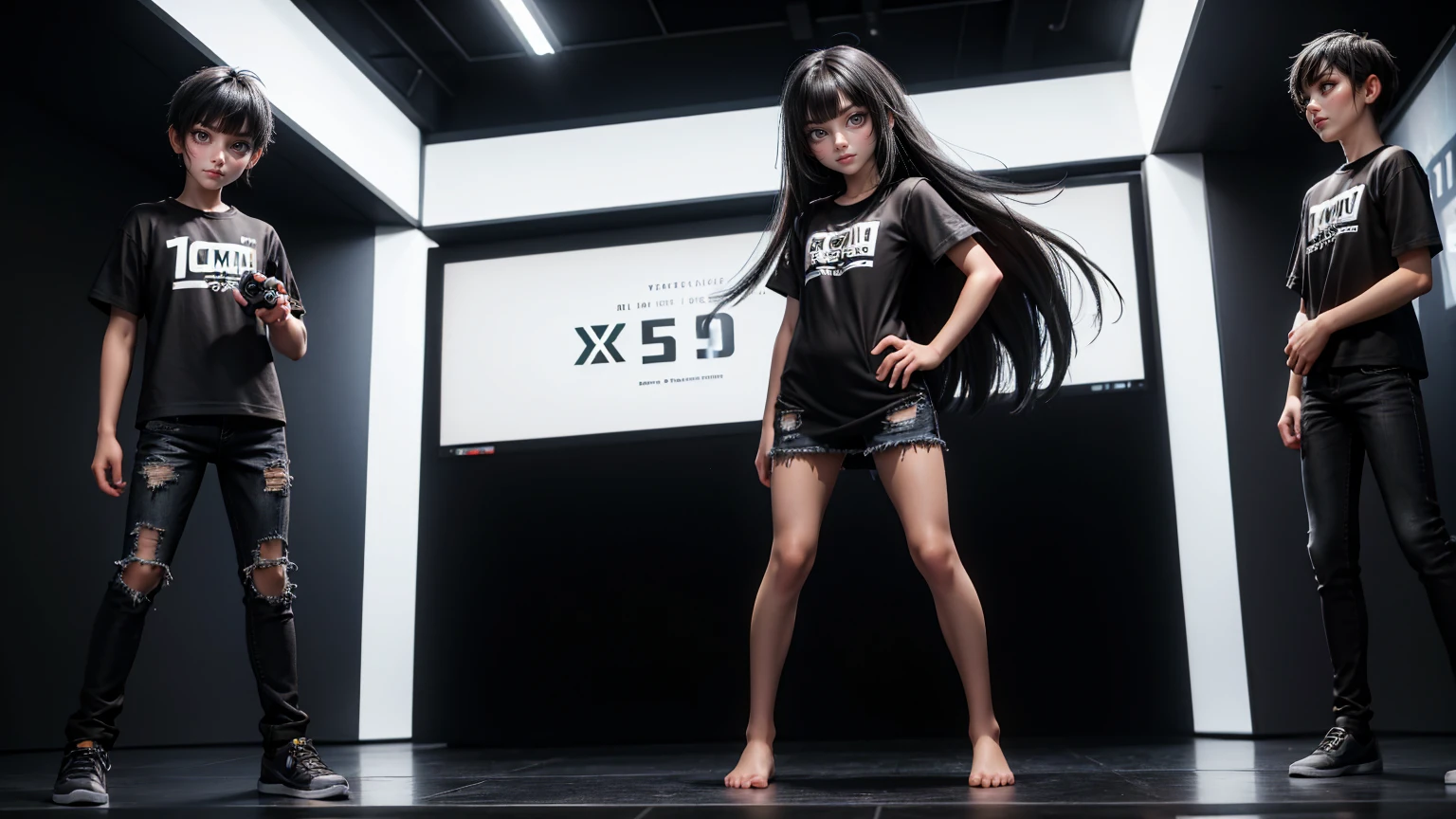 gaming man, in a T-Shirt and Shorts Set , black hairs hairs black jeans dress, gaming , smiling face, short dress full straight standing pose,14yo student, , Full body, boy, man , games boy, Simple white background,, HD, full body, standing, modern futuristic dress, front view