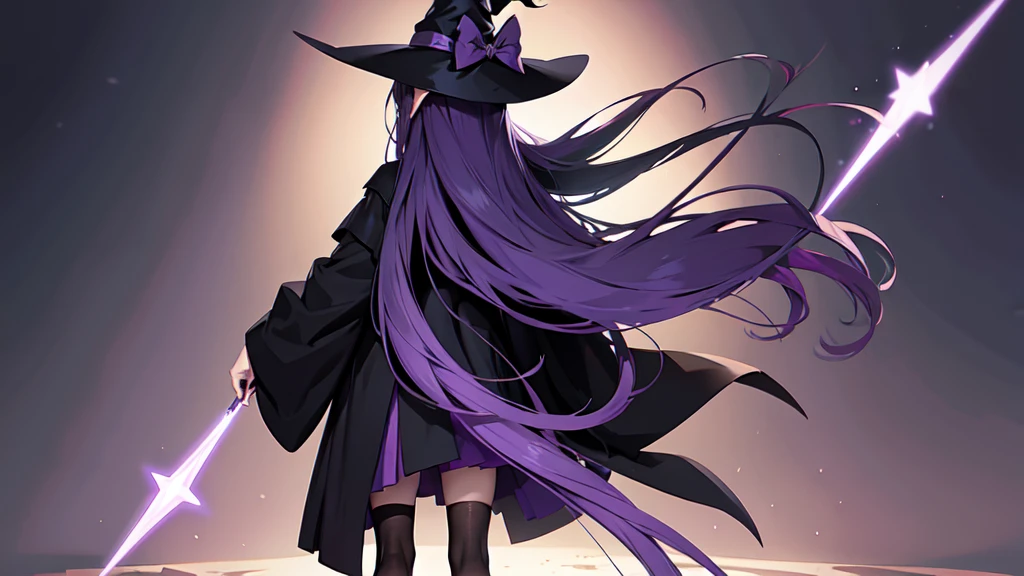 Anime girl with long purple hair and black robe. Witch hat. Pointy ears. Cute as a cartoon. Back view. Full body facing backwards. The whole body is visible. Skirt is short.