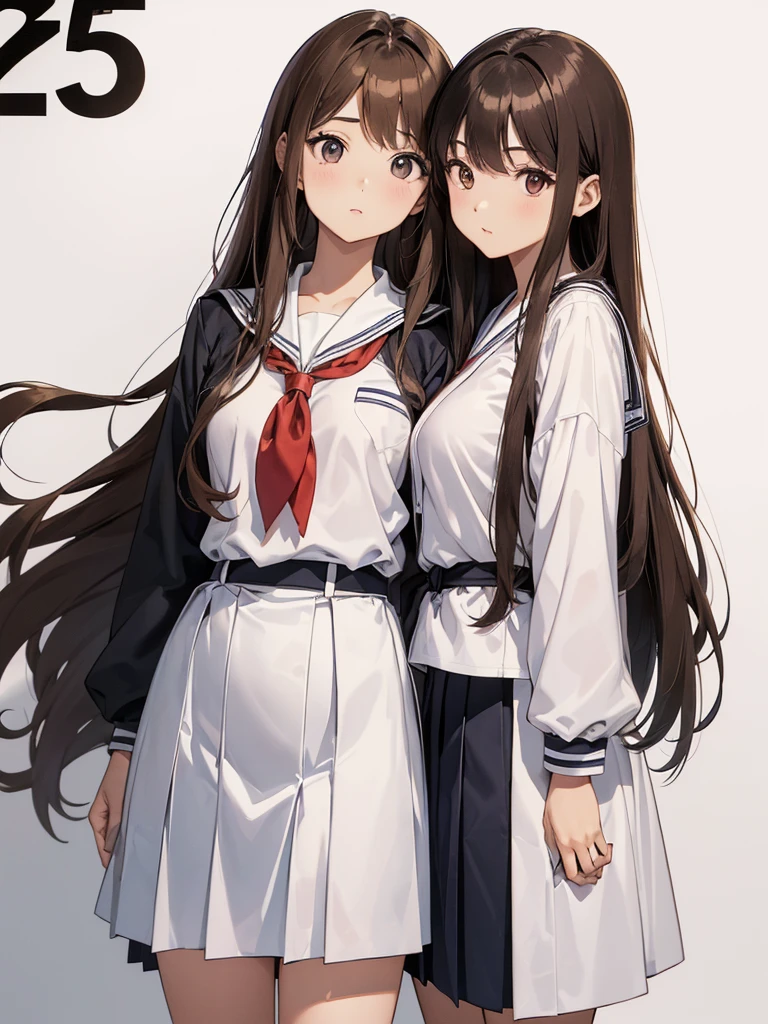 high quality, anime, whole body, Two women ((Japanese, Narrow space between the eyes, Big slant eyes, Small Nose, Brown Hair, Medium long wavy hair, very tall, medium Breasts, thin, school uniform) and (Japanese) , cute, thin eye, cool eyes, Small Nose, Black Hair, Straight long hair, small Breasts, thin, school uniform)), (No background:1), ((Plain white background:1)), standing side by side apart, look at viewer, ((25-years-old:1.5))