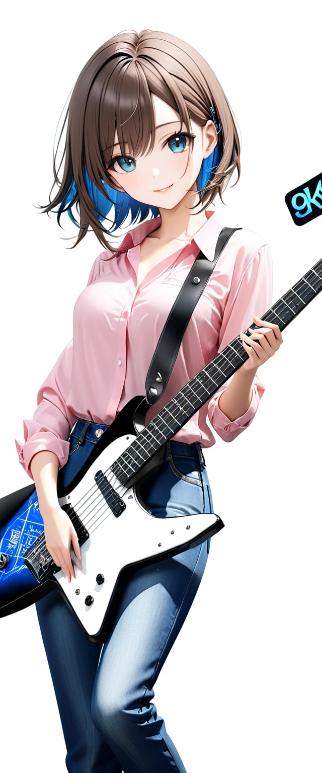 (((White background:1.5)))、(very wide shot)、(masterpiece、Ultra HD、Highest quality、Masterpiece、４K:1.2)、Slender body、Holding a white electric guitar,Scandinavian Metal Girl, A gentle gaze at the camera, Intricate details, Highly detailed eyes, Highly detailed fingers、Brown bob hair、Pink shirt and blue jeans, Wearing high heels、Intricate details、A kind smile、(((Dynamic pose:1.5)))
