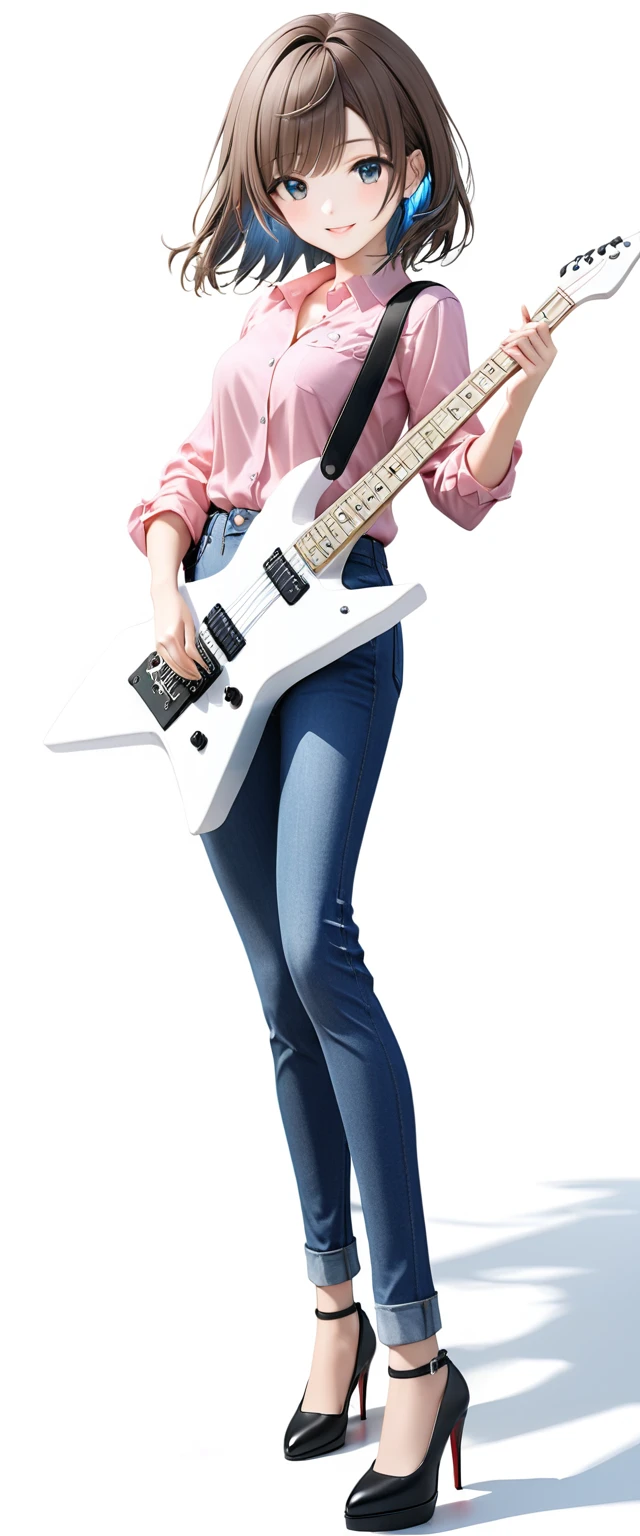 (((White background:1.5)))、(very wide shot)、(masterpiece、Ultra HD、Highest quality、Masterpiece、4K:1.2)、Slender body、Holding a white electric guitar,Scandinavian Metal Girl, A gentle gaze at the camera, Intricate details, Highly detailed eyes, Highly detailed fingers、Brown bob hair、Pink shirt and blue jeans, Wearing high heels、Intricate details、A kind smile、(((Dynamic pose:1.5)))