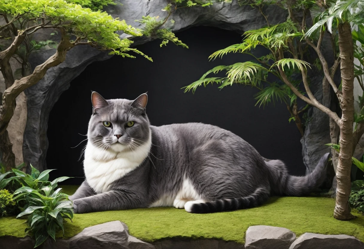 (Giant looking cat), A composition in which a giant cat blends in as part of the diorama。The cat&#39;s fur and body parts look like they&#39;re part of a diorama.、It gives a sense of unity。Gives the whole piece a fantastical and dreamy feel。