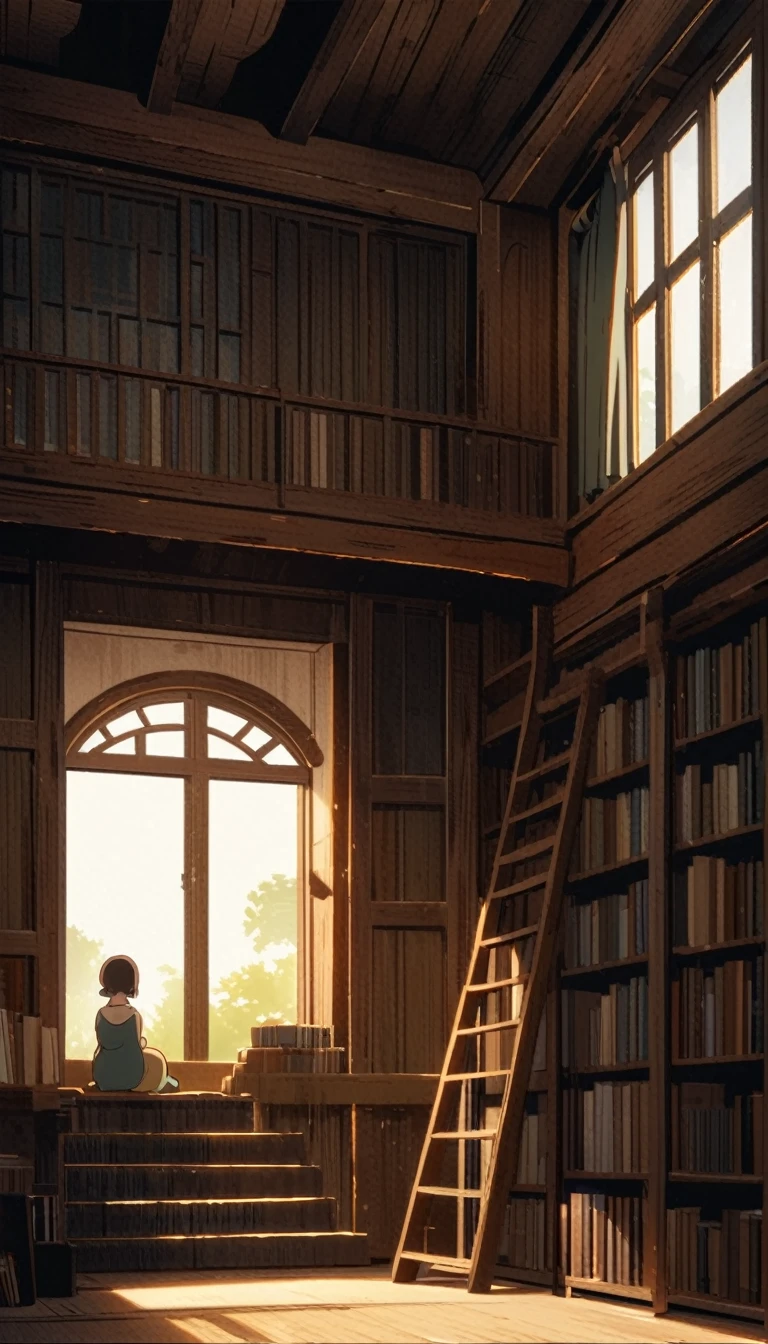 A quiet library corner with tall bookshelves, a wooden ladder and soft armchairs. In the background is a large window letting in natural light. Ghibli anime style