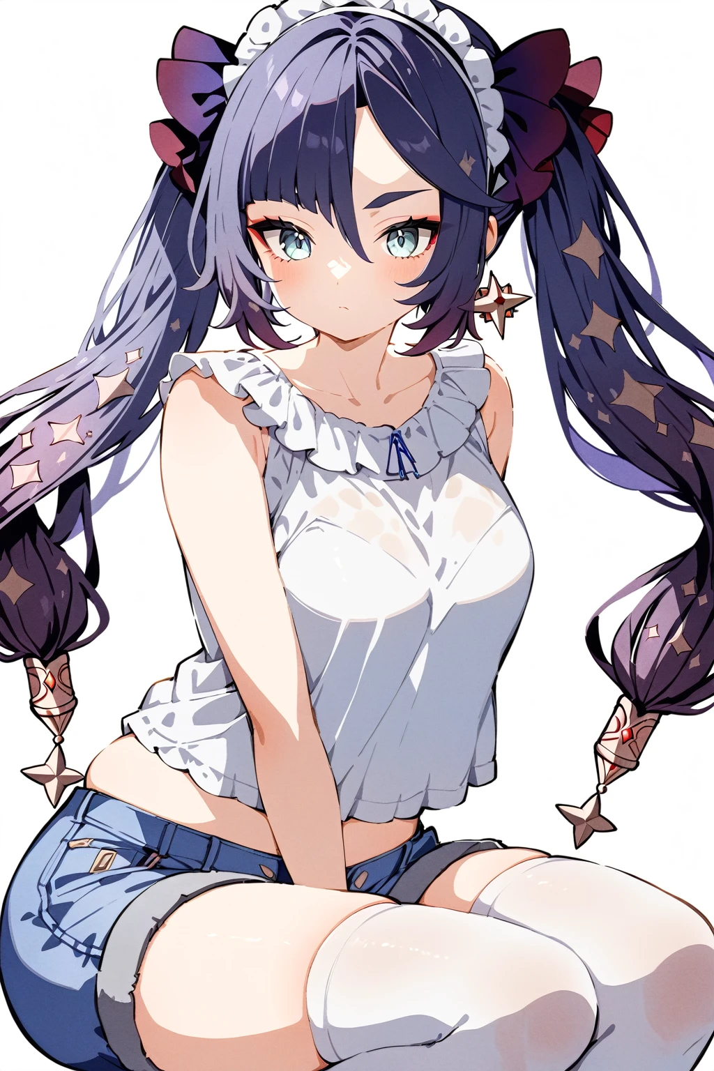 Watercolor (middle),1girl, mona \(genshin impact\), genshin impact, solo, alone, wearing a bright white top and blue denim shorts, slightly plump and highlighting the girl's body lines. White stockings and cat ear headdress are the finishing touches. The girl chose to sit on the floor. This posture usually gives people a relaxed, relaxed feeling. Relaxed feeling, casual feeling, sexy figure, pure white background