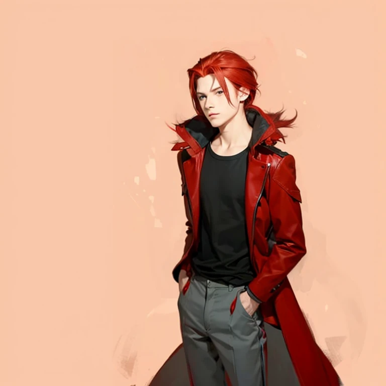 ************ guy, red hair, red eyes, serious look, red clothes, looks like a villain, anime, hair combed back, hands in pockets, 